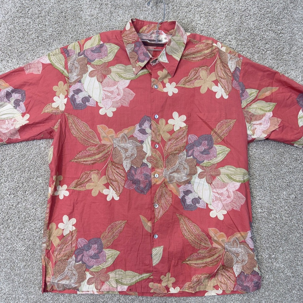 Tori Richard Shirt Mens Large Short Sleeve Floral Coral Red Button Down EUC